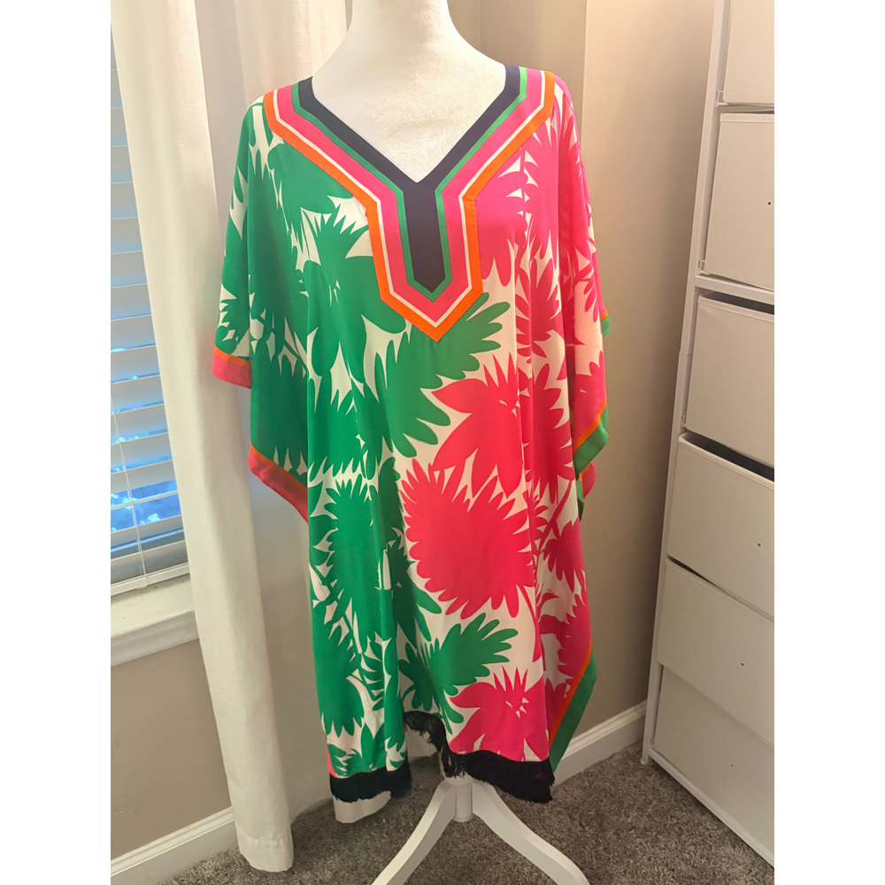 Trina Turk Colorful Floral Print V-Neck Kaftan Dress in Pink - Picture 2 of 6
